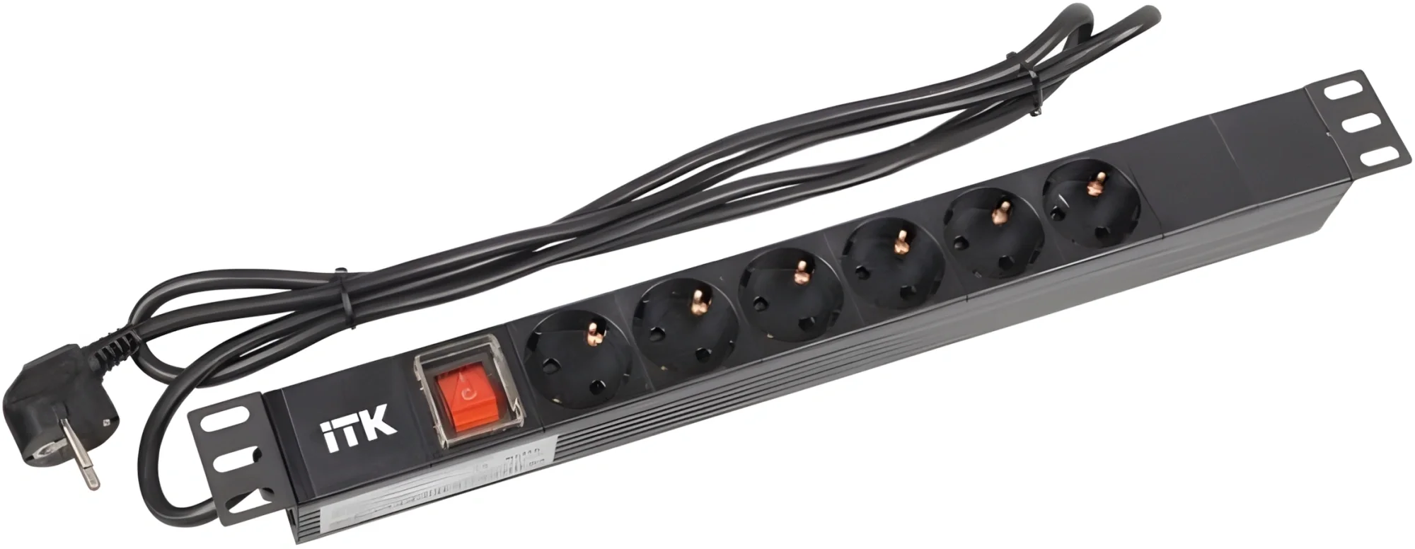 ITK PDU 6 розеток DIN49440 (нем. cтанд.) с LED выключателем, 1U, шнур 2м вилка DIN49441 (нем. станд.), профиль из ПВХ, черный