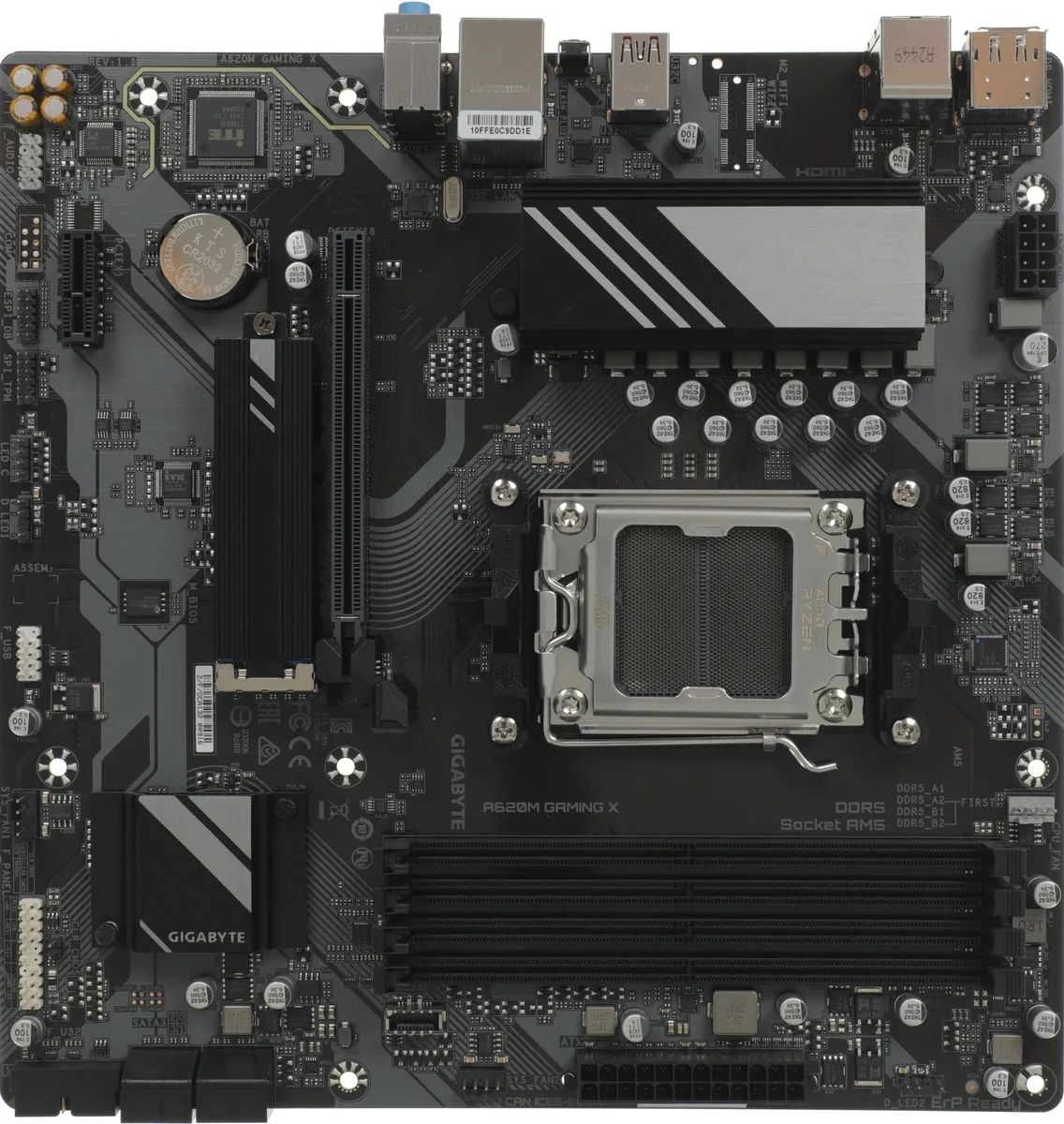 Материнская плата Gigabyte A620M GAMING X, Socket AM5, AMD A620, 4xDDR5-5200, HDMI+DP, 1xPCI-Ex16, 1xPCI-Ex1, 4xSATA3(RAID 0/1/10), 1xM.2, 8 Ch Audio, GLan, (2+2)xUSB2.0, (3+2)xUSB3.2, (1+1)xUSB3.2 Type-C™, 1xPS/2, mATX, RTL