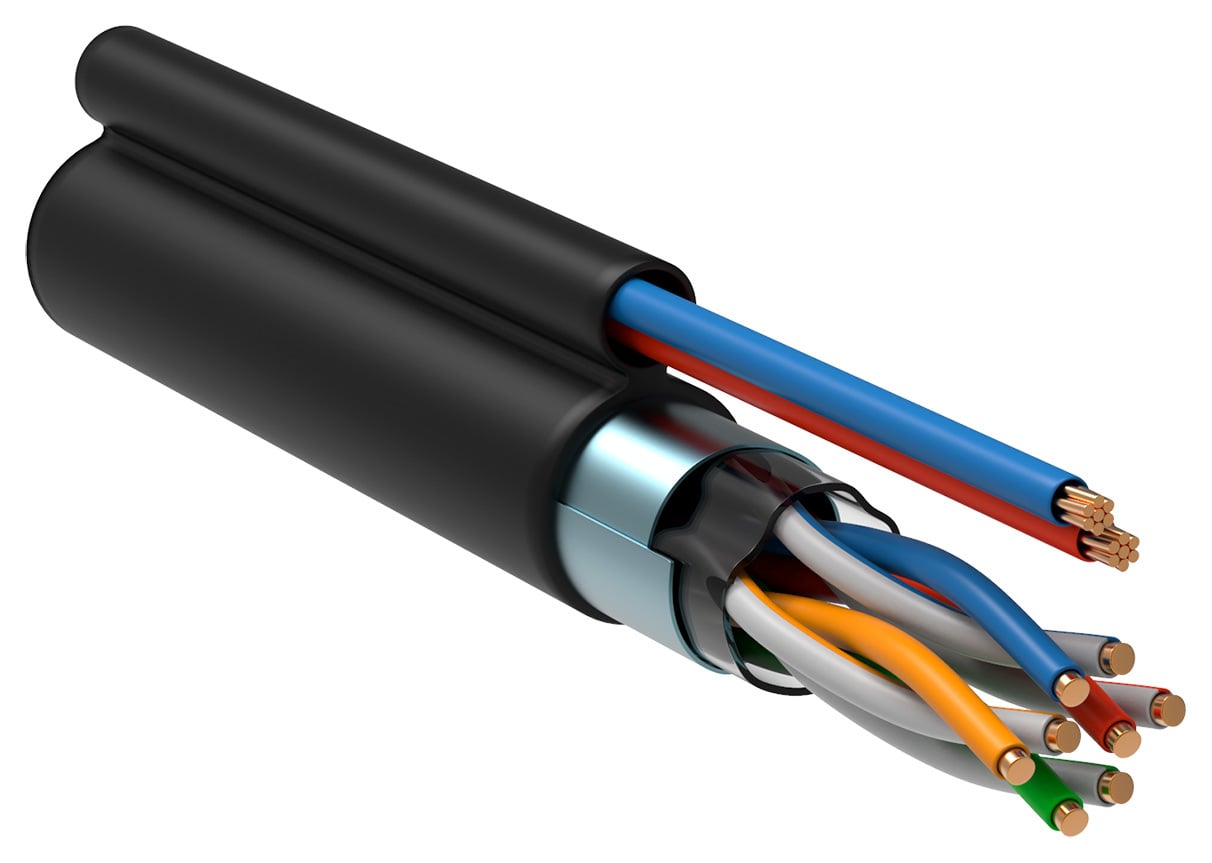 Кабель связи витая пара F/UTP, кат. 5Е, 4 пары 24 AWG, solid, LDPE + кабель питания 2x0,75мм2, 305м, черный