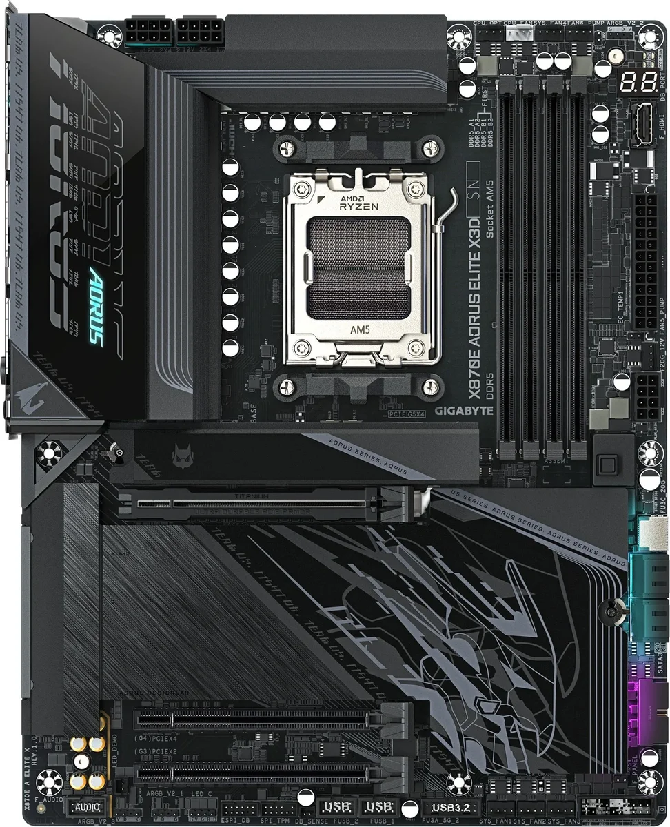 Материнская плата Gigabyte X870E AORUS ELITE X3D, AM5, AMD X870E, 4xDDR5, 4xSATA, 4xM.2, 1xPCIe 5.0 x16, 1xPCIe 4.0 x16, 1xPCIe 3.0 x16, 1xHDMI, 1x5Gb LAN, Wi-Fi 7, Bluetooth 5.4, 2xUSB-C 40Gbps (USB4), 1xUSB-C 10Gbps, 5xUSB-A 10Gbps, 3xUSB-A 5Gbps, 3x3.5 мм + S/PDIF оптический, 7.1, ATX