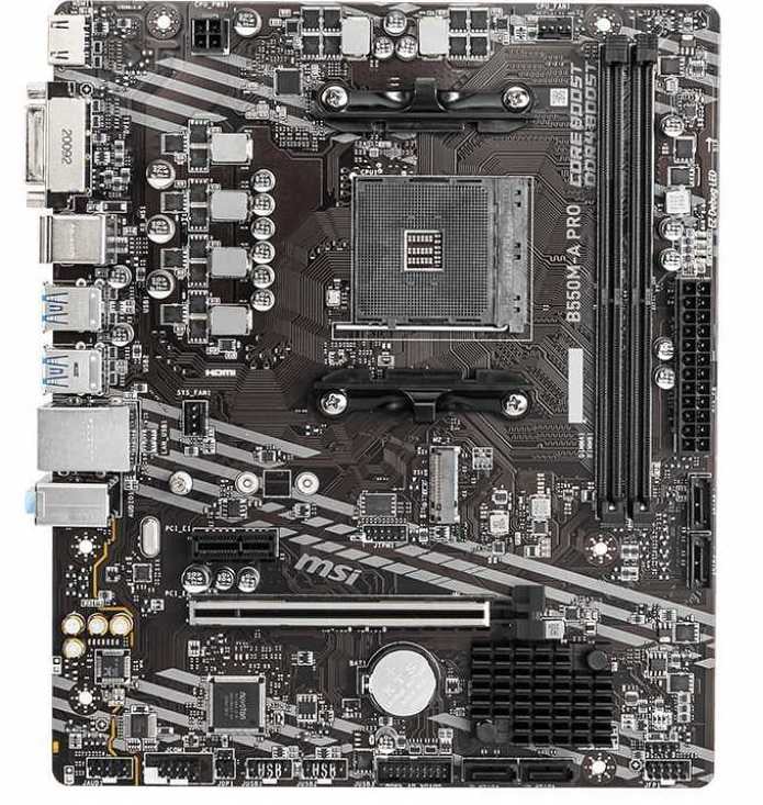 Материнская плата MSI B550M-A PRO, AM4, AMD B550, 2xDDR4, 4xSATA, 1xM.2, 1xPCIe 4.0 x16, 1xPCIe x1, 1xDVI-D, 1xHDMI, 1x 1Gb LAN, 2xUSB 2.0, 4xUSB 3.2 Gen 1, 3x3.5 мм, 7.1, mATX