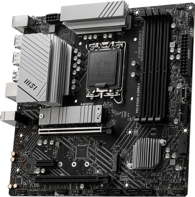 Материнская плата MSI PRO B760M-A DDR4 II, LGA1700, Intel B760, 4xDDR4, 4xSATA, 2xM.2, 1xPCIe 4.0 x16, 1xPCIe 4.0 x4, 1xPCIe 3.0 x1, 2xDP, 2xHDMI, 1x2.5Gb LAN, 2xUSB-A 10Gbps, 2xUSB-A 5Gbps, 2xUSB-A 2.0, 3x3.5 мм, 7.1, mATX
