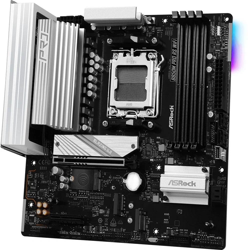 Материнская плата ASRock B850M PRO RS WIFI, AM5, AMD B850, 4xDDR5, 4xSATA, 3xM.2, 1xPCIe 5.0 x16, 1xPCIe 3.0 x4, 1xDP, 1xHDMI, 1x2.5Gb LAN, Wi-Fi 6E, Bluetooth 5.2, 1xUSB-C 10Gbps, 1xUSB-A 10Gbps, 2xUSB-A 5Gbps, 4xUSB-A 2.0, 3x3.5 мм, 7.1, mATX