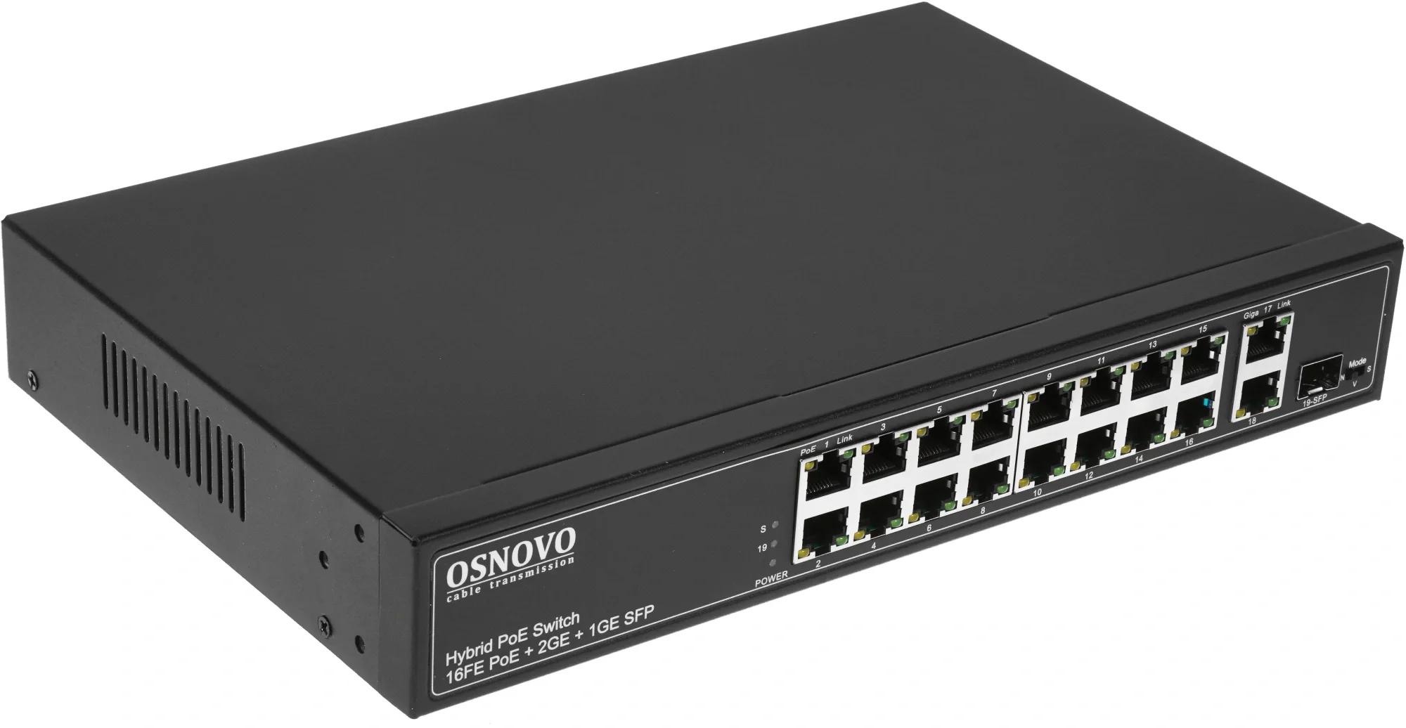 PoE Коммутатор OSNOVO SW-61621(300W) PoE коммутатор Fast Ethernet на 16 x RJ45 PoE + 2 x RJ45 GE + 1 SFP GE порта. Порты: 2 x FE (10/100Base-T) с PoE (до 60W, A+B) + 14x FE (10/100Base-T) с PoE (до 30W) , 2 x GE Upl
