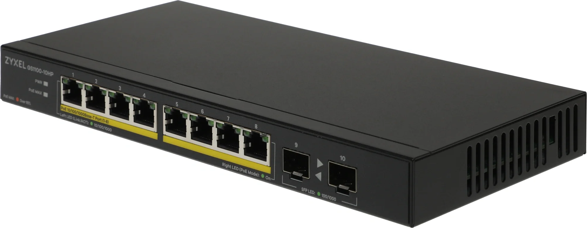 GS1100-10HP-EU0102F - Unmanaged Gigabit PoE Switch Zyxel GS1100-10HP, 8xRJ-45: 1G PoE+, 2xSFP, 130W PoE budget, desktop, fanless