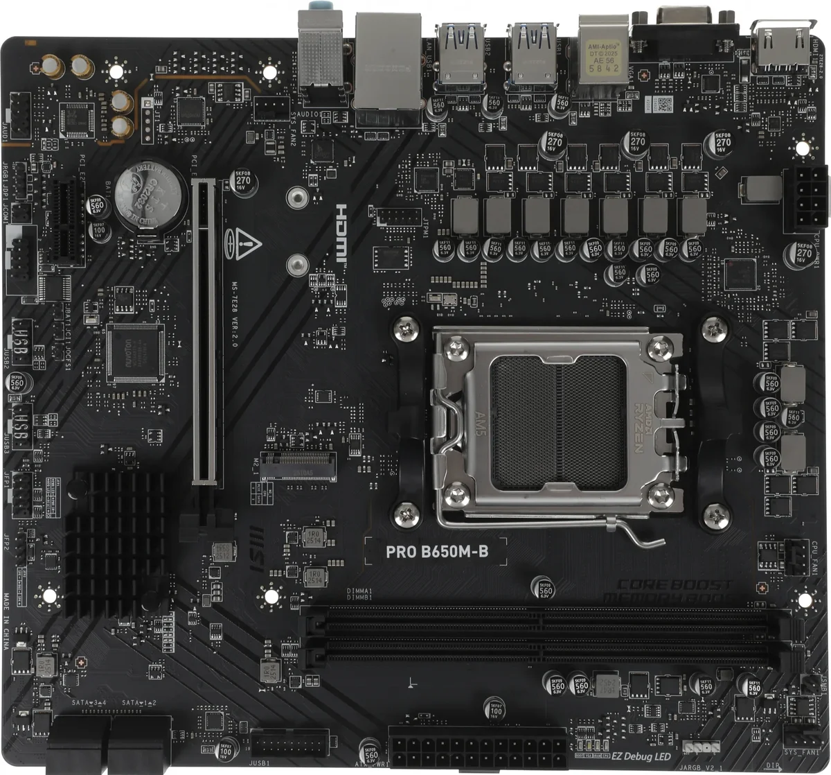 Материнская плата MSI PRO B650M-B, AM5, AMD B650, 2xDDR5, 4xSATA, 1xM.2, 1xPCI-E 4.0 x16, 1xPCI-E 4.0 x1, 1xHDMI, 1xVGA, 1x2.5Gb LAN, 2xUSB 2.0, 4xUSB 3.2 Gen 1, 3x3.5 мм, 7.1, Micro-ATX