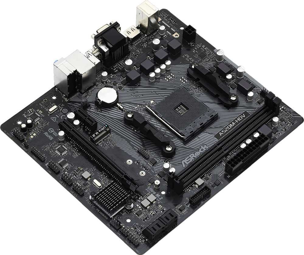 Материнская плата ASRock A520M-HDV, Socket AM4, AMD A520, 2xDDR4-3200, D-SUB+DVI-D+HDMI, 1xPCI-Ex16, 1xPCI-Ex1, 4xSATA3(RAID 0/1/10), 1xM.2, 8 Ch Audio, GLan, (2+4)xUSB2.0, (4+2)xUSB3.2, 1xPS/2, mATX, RTL {20} (932267)