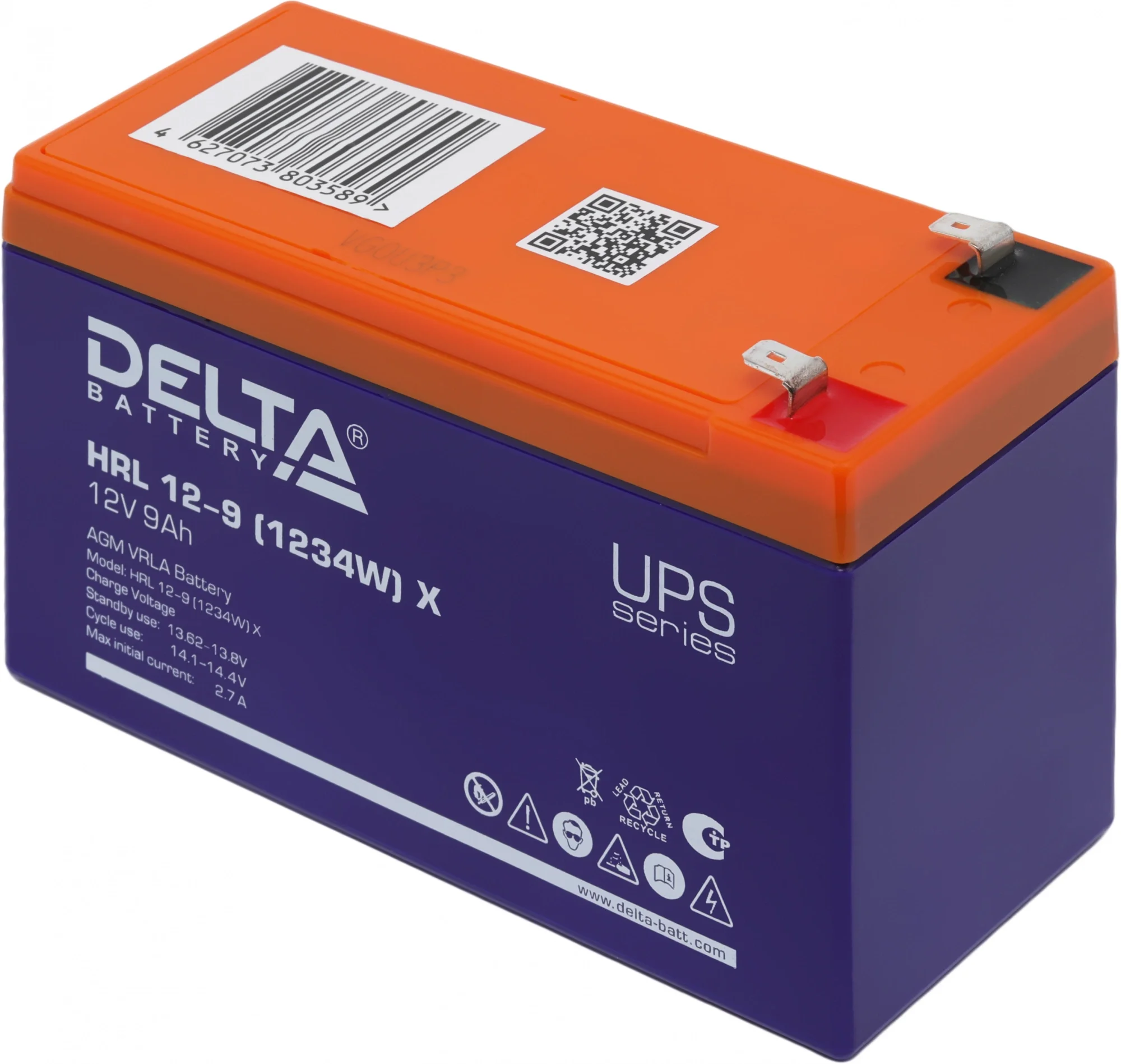 Аккумуляторная батарея Delta HRL 12-9 (1234W) X 12В/9Ач, клемма F2 (151х65х94мм (100мм); 2,55кг; Срок службы 12лет; Гара