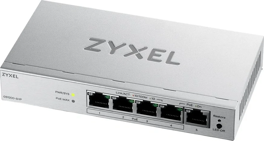 Коммутатор/ ZYXEL Web-managed Gigabit PoE Switch Zyxel GS1200-5HPv3, 5xRJ-45: 1G (4xPoE+), 68W PoE budget, desktop, fanless