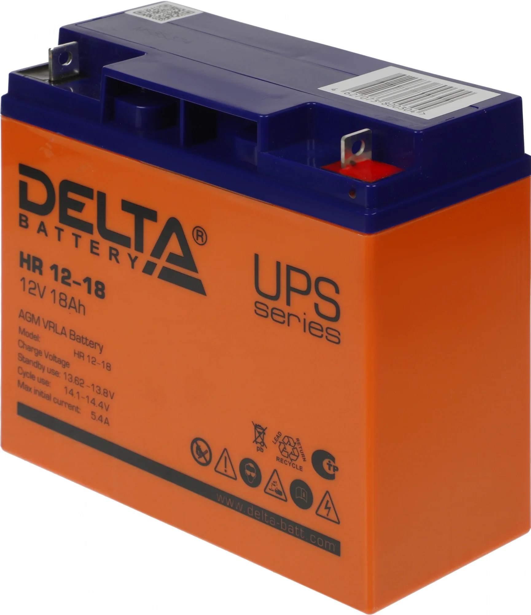 Батарея DELTA серия HR, HR 12-18, напряжение 12В, емкость 18Ач (разряд 20 часов),  макс. ток разряда (5 сек.) 230А, макс. ток заряда 5.4А, свинцово-кислотная типа AGM, клеммы под гайку и болт M5, ДxШxВ 181х77х167мм., вес 6.1кг., срок службы 8 лет./ Battery DELTA series HR, HR 12-18, voltage 12V, capacity 18Ah (discharge 20 hours), max. discharge current (5 sec.) 230A, max. charge current 5.4A, lead-acid type AGM, terminals for nut and bolt M5, LxWxH 181x77x167mm., weight 6.1kg., service life 8 y