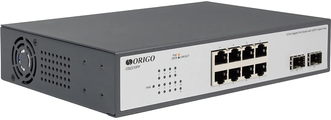 Коммутатор ORIGO OS2210FP/120W/A1A, неуправляемый, 8×1GbE PoE, 2×SFP, PoE-бюджет 120 Вт, 1U