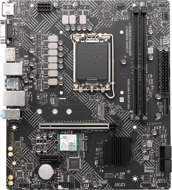 Материнская плата MSI PRO H610M-G WIFI DDR4, Socket LGA 1700, Intel H610, 2xDDR4, 4xSATA, 1xM.2, 1xPCIe 4.0 x16, 1xPCIe 3.0 x1, 1xHDMI, 1xDP, 1xVGA, 1x 1Gb LAN, 4xUSB-A 2.0, 2xUSB-A 5Gbps, 3x3.5 мм, 7.1, mATX