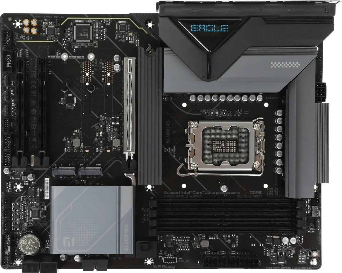Материнская плата Gigabyte B860 EAGLE WIFI6E, LGA 1851, Intel B860, 4xDDR5, 4xSATA, 3xM.2, 1xPCIe 5.0 x16, 2xPCIe 4.0 x16, 1xHDMI, 1xDP, 1x 2.5Gb LAN, 4xUSB-A 2.0, 1xUSB-A 3.2 Gen 1, 1xUSB-A 3.2 Gen 2, 1xUSB-C 3.2 Gen 2x2, 7.1, 3x3.5 мм, ATX