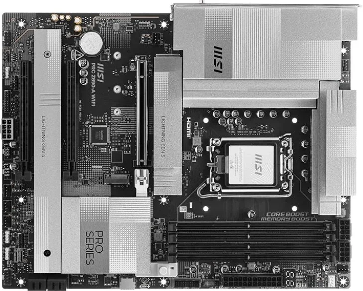 Материнская плата MSI PRO Z890-A WIFI, LGA 1851, Intel Z890, 4xDDR5, 4xSATA, 4xM.2, 1xPCIe 5.0 x16, 2xPCIe 4.0 x4, 1xHDMI, 2xUSB-C Thunderbolt 4, 1xUSB-C 3.2 Gen 2, 3xUSB-A 3.2 Gen 2, 4xUSB-A 3.2 Gen 1, 1x 5Gb LAN, 2x3.5 мм, 7.1, ATX