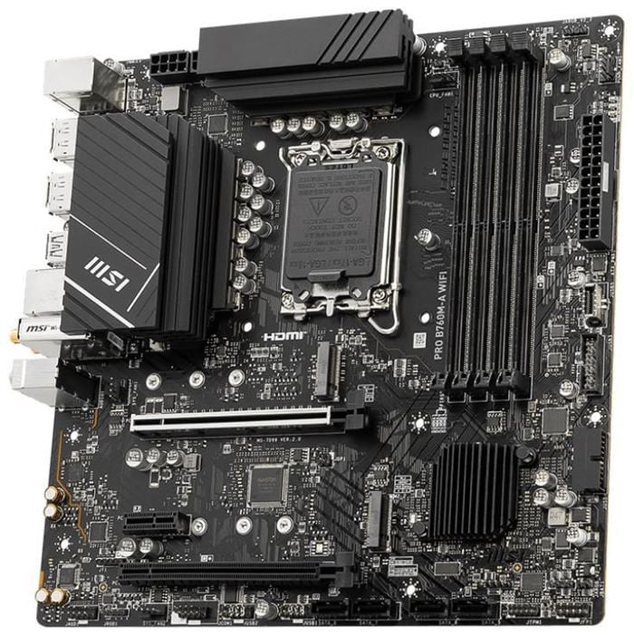 Материнская плата MSI PRO B760M-A WIFI, LGA 1700, Intel B760, 4xDDR5, 4xSATA, 2xM.2, 1xPCI-E 4.0 x16, 1xPCI-E 4.0 x4, 2xHDMI, 2xDP, 1x2.5Gb LAN, 2xUSB-A 2.0, 2xUSB 3.2 Gen 1, 2xUSB 3.2 Gen 2, 3x3.5 мм, 7.1, Micro-ATX