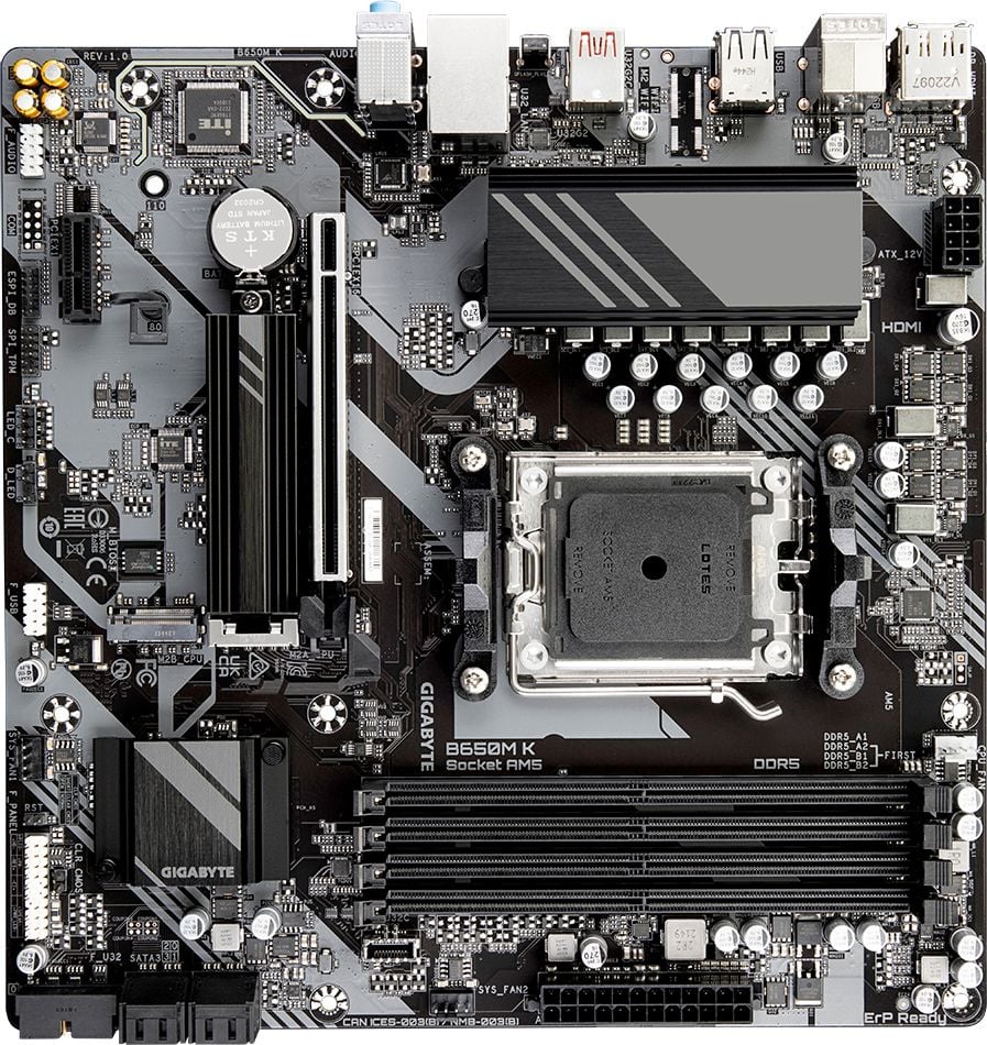 Материнская плата GIGABYTE B650M K, AM5, AMD B650, 4xDDR5, 4xSATA, 2xM.2, 1xPCIe 4.0 x16, 1xPCIe x1, 1xHDMI, 1xDP, 1x2.5Gb LAN, 1xUSB 3.2 Gen 2, 2xUSB 3.2 Gen 1, 4xUSB 2.0, 3x3.5 мм, 7.1, micro-ATX