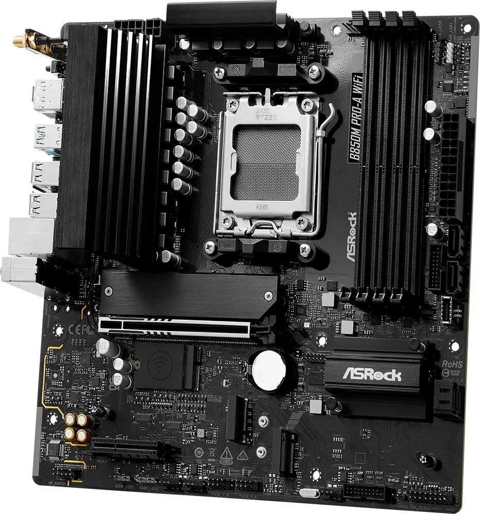 Материнская плата ASRock B850M PRO-A WIFI, AM5, AMD B850, 4xDDR5, 4xSATA, 3xM.2, 1xPCIe 5.0 x16, 1xPCIe 3.0 x4, 1xDP, 1xHDMI, 1x2.5Gb LAN, Wi-Fi 6E, Bluetooth 5.2, 1xUSB-C 10Gbps, 1xUSB-A 10Gbps, 2xUSB-A 5Gbps, 4xUSB-A 2.0, 3x3.5 мм, 7.1, mATX