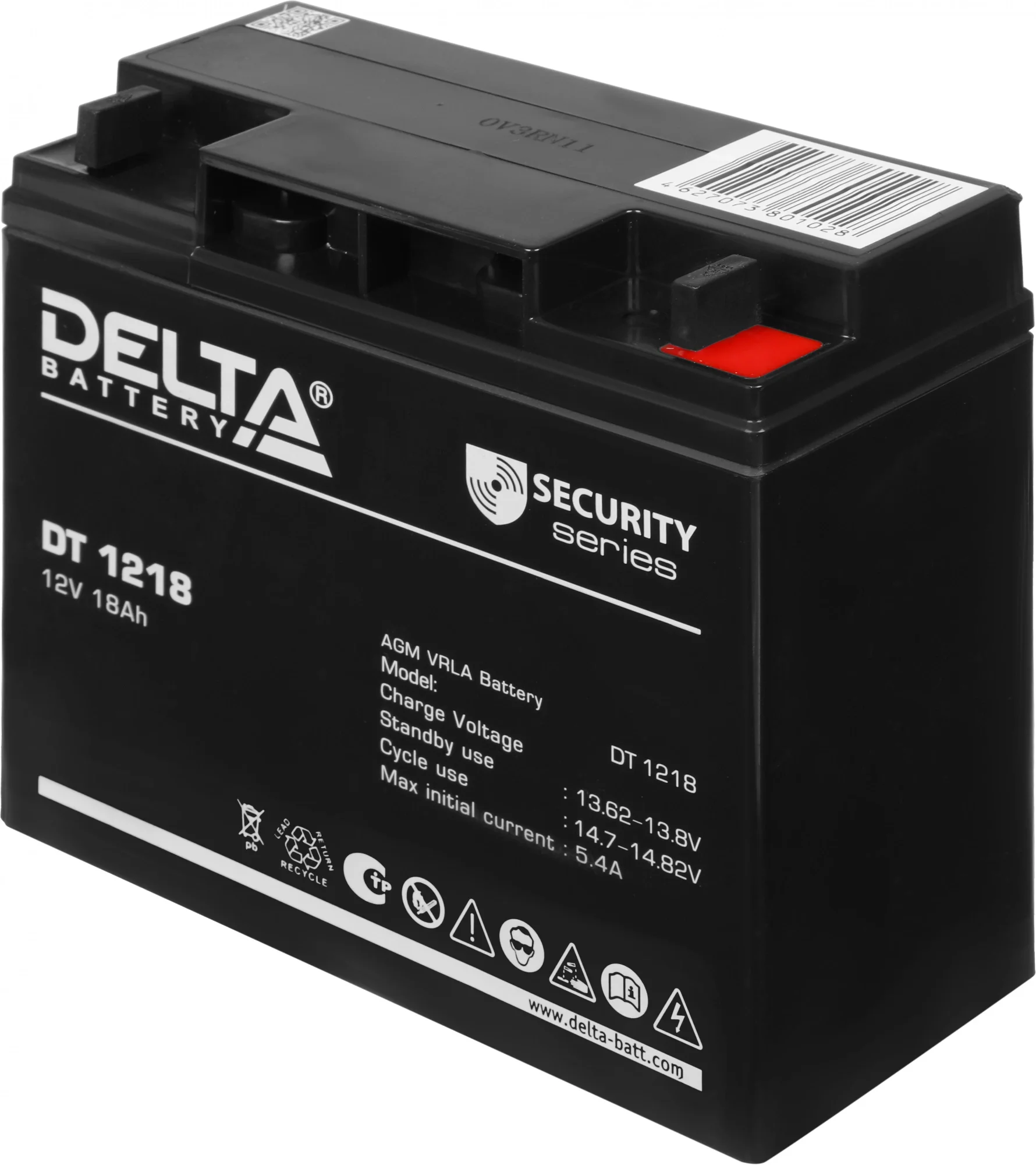 Батарея DELTA серия DT, DT 1218, напряжение 12В, емкость 18Ач (разряд 20 часов),  макс. ток разряда (5 сек.) 250А, макс. ток заряда 5.4А, свинцово-кислотная типа AGM, клеммы под гайку и болт M6, ДxШxВ 181х77х160мм., вес 5.2кг., срок службы 5 лет./ Battery DELTA series DT, DT 1218, voltage 12V, capacity 18Ah (discharge 20 hours), max. discharge current (5 sec.) 250A, max. charge current 5.4A, lead-acid type AGM, terminals for nut and bolt M6, LxWxH 181x77x160mm., weight 5.2kg., service life 5 yea