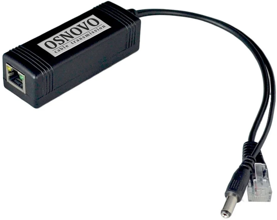 OSNOVO - PoE-сплиттер Fast Ethernet. Соответствует стандартам PoE IEEE 802.3af/at. Предназначен для питания оконечных сетевых устройств, не поддерживающих PoE. Порты: вх. - RJ45(10/100 Base-T, IEEE 802.3af/at), вых. - кабель RJ45(10/100 Base-T)/штекер 5.5x2.1 мм. Входное напряжение: DC36-57V. Выходное напряжение: DC12V/2A. Встроенная защита от перенапряжения, короткого замыкания.  Размеры (ШхВхГ) - 80 x 31 x 26 мм. Длина кабеля - 12см. Рабочая температура -25 ... +75°C.