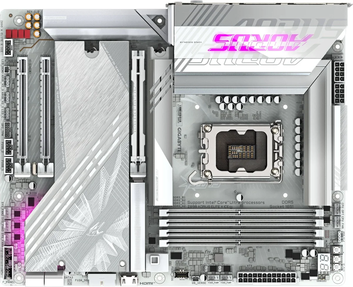 Материнская плата GIGABYTE Z890 A ELITE X ICE, LGA1851, Z890, 4*DDR5, 4*SATA, 5*M.2, 4*USB 3.2, 4*USB 2.0, Type-C, 3*PCIx16, 3*PCIx1,  ATX