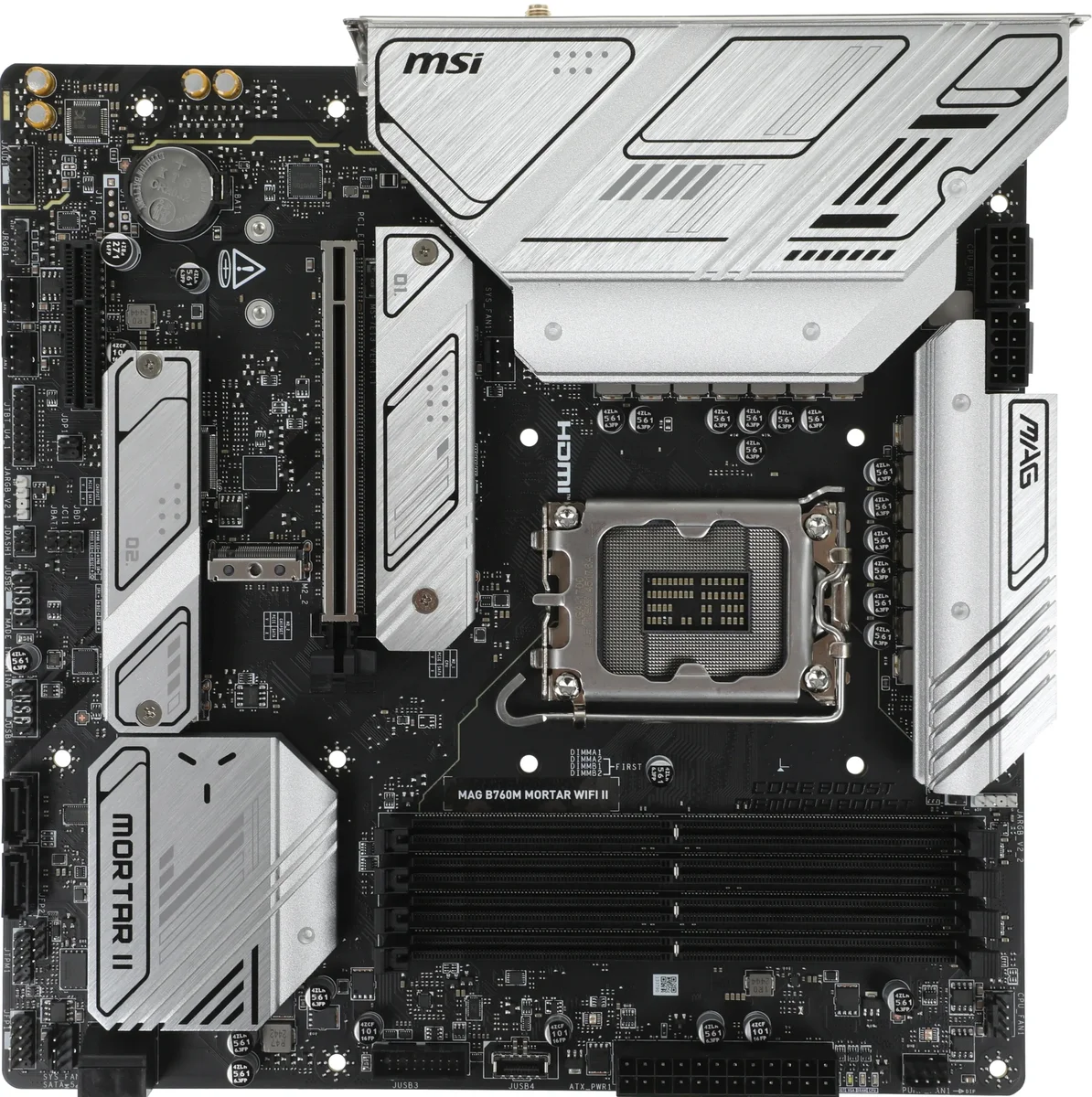 Материнская плата MSI MAG B760M MORTAR WIFI II, LGA 1700, Intel B760, 4xDDR5, 4xSATA, 3xM.2, 1xPCIe 5.0 x16, 1xPCIe 4.0 x4, 1xHDMI, 1xDP, 1xUSB Type-C, 1x2.5Gb LAN, 3xUSB-A 2.0, 3xUSB-A 3.2 Gen 2, 5x3.5 мм, 7.1, mATX