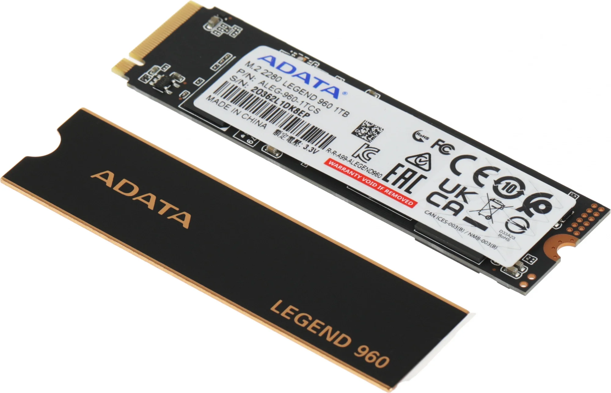 Твердотельный накопитель/ ADATA SSD LEGEND 960, 1000GB, M.2(22x80mm), NVMe 1.4, PCIe 4.0 x4, 3D NAND, R/W 7400/6000MB/s, IOPs 730 000/610 000, DRAM buffer 1000MB,  TBW 780, DWPD 0.43, with Heat Spreader (5 лет)