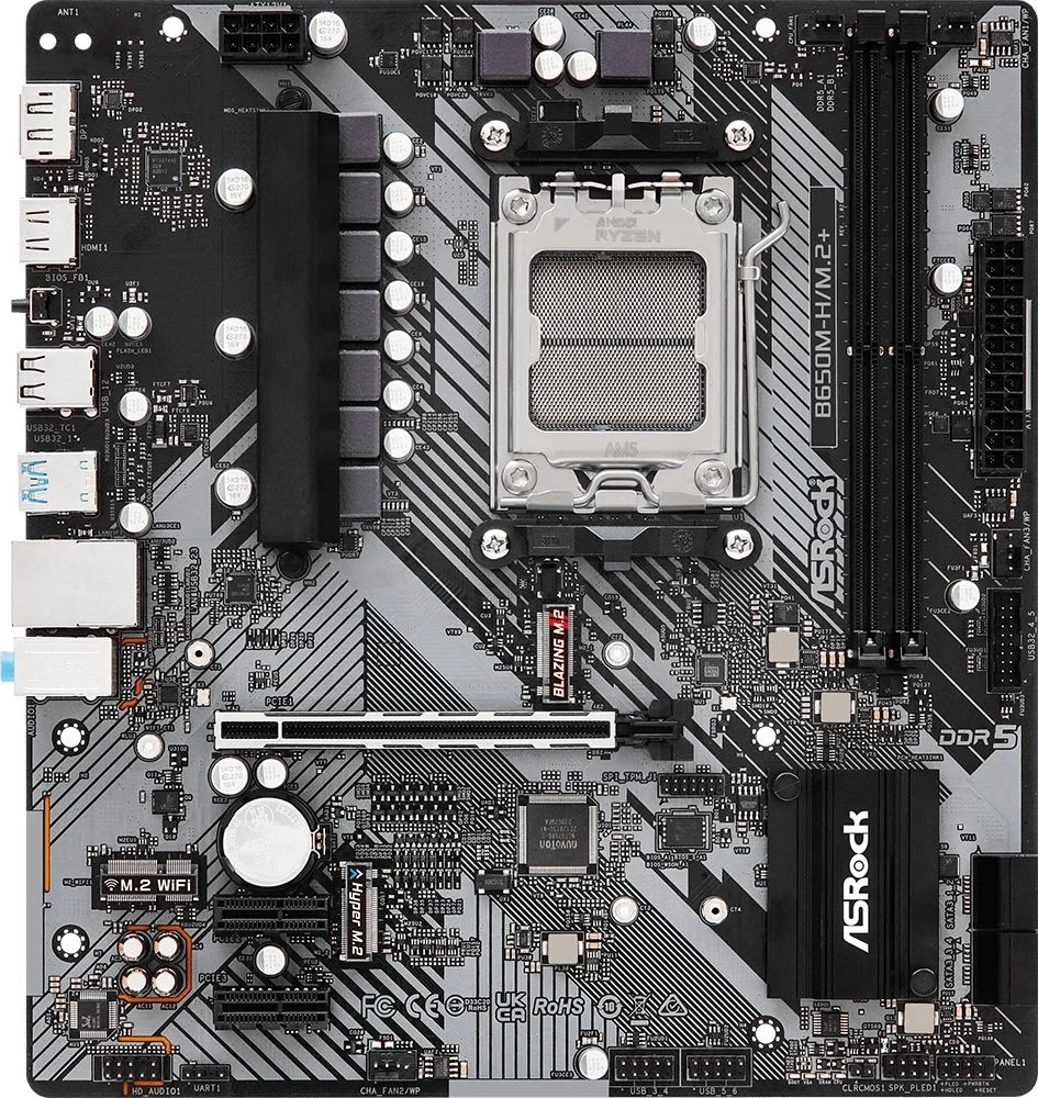 Материнская плата ASRock B650M-H/M.2+, Socket AM5, AMD B650, 2xDDR5-5200, HDMI+DP, 1xPCI-Ex16, 2xPCI-Ex1, 4xSATA3(RAID 0/1/10), 2xM.2, 8 Ch Audio, 1x2.5GLan, (2+4)xUSB2.0, (3+2)xUSB3.2, (1+0)xUSB3.2 Type-C™, mATX, RTL