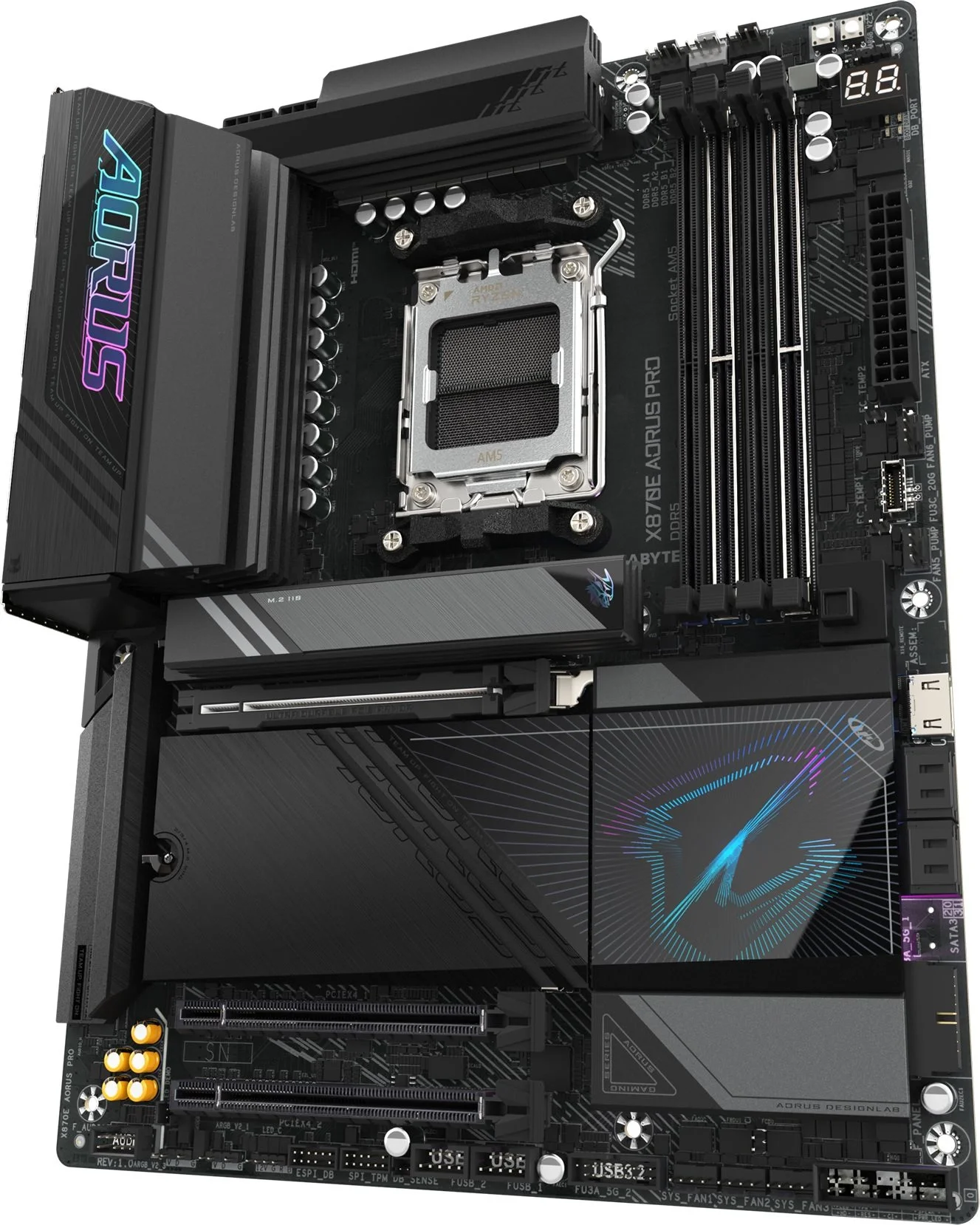 Материнская плата Gigabyte X870E AORUS PRO, AM5, AMD X870E, 4xDDR5, 4xSATA, 4xM.2, 1xPCI-E 5.0 x16, 1xPCI-E 4.0 x4, 1xPCI-E 3.0 x4, 1xHDMI, 1xUSB-C (DP), 1x 2.5Gb LAN, 2xUSB-A 2.0, 4xUSB-A 3.2 Gen 1, 3xUSB-A 3.2 Gen 2, 2xUSB-C 3.2 Gen 2 (USB4), 2x3.5 мм, 7.1, ATX