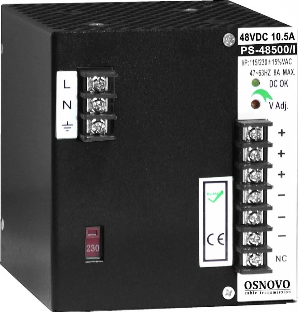 Промышленный блок питания OSNOVO PS-48500/I Промышленный блок питания. DC48V, 10,5A (500W). Диапазон входных напряжений: AC195-265V. КПД: 85%. Регулировка выходного напряжения в диапазоне 44-53V. Защита от короткого замыкания,