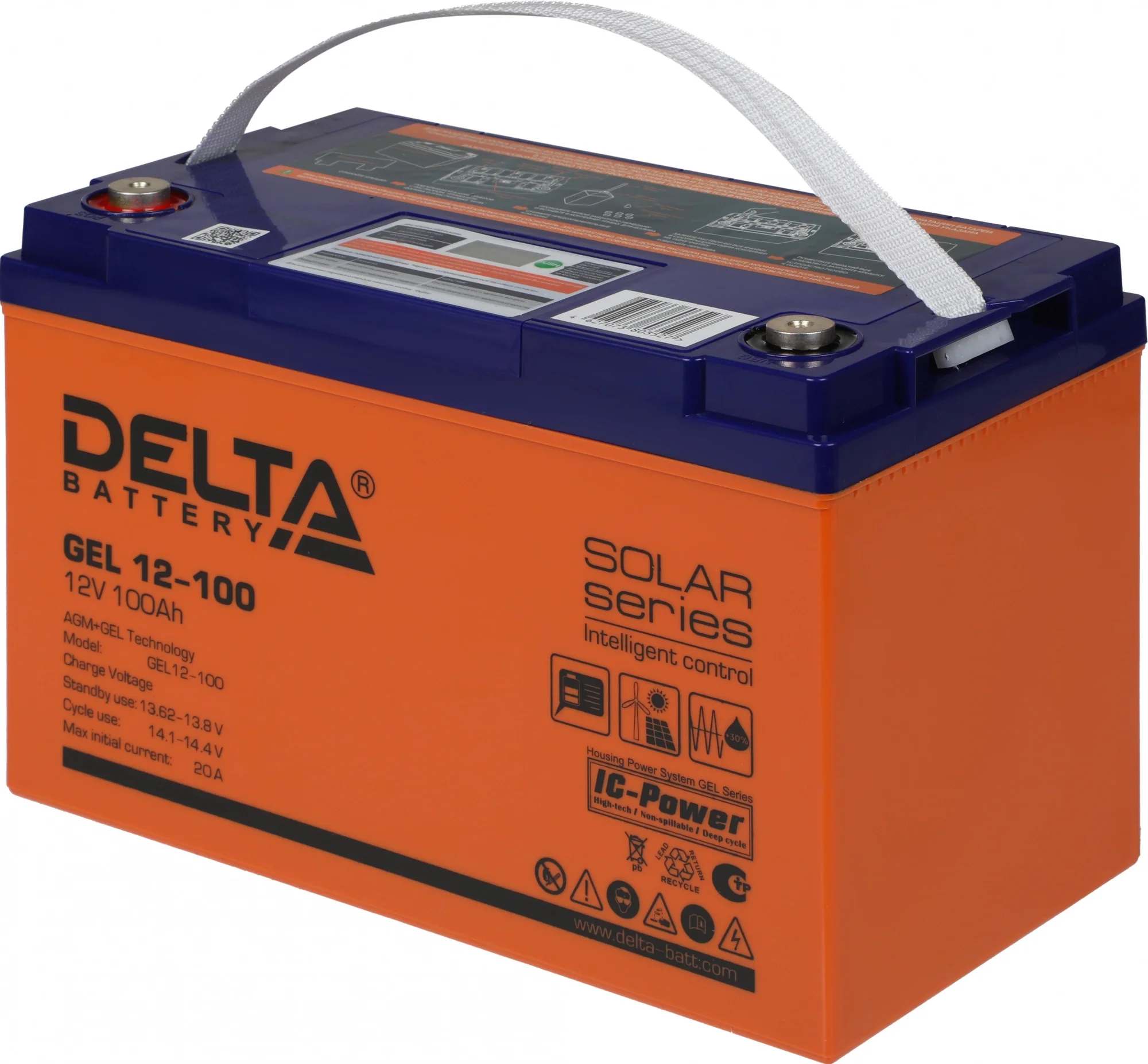 Батарея DELTA серия GEL, GEL 12-100, напряжение 12В, емкость 100Ач (разряд 10 часов),  макс. ток разряда (5 сек.) 900А, макс. ток заряда 20А, свинцово-кислотная типа AGM+GEL, клеммы под болт М6, ДxШxВ 333х173х216мм., вес 32.5кг., LCD, срок службы 10-12 лет/ Battery DELTA series GEL, GEL 12-100, voltage 12V, capacity 100Ah (discharge 10 hours), max. discharge current (5 sec.) 900A, max. charge current 20A, lead-acid type AGM + GEL, terminals for M6 bolt, LxWxH 333x173x216mm., weight 32.5kg., LCD,