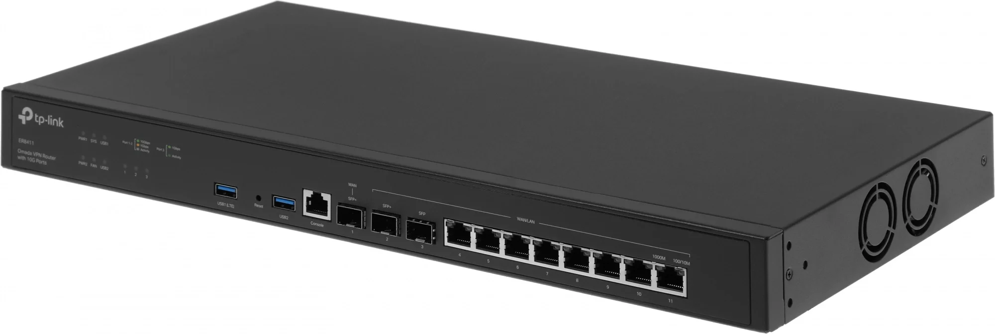 ER8411 - Маршрутизатор VPN, TP-Link, ER8411, SafeStream Гигабитный VPN-маршрутизатор с 2 портами SFP+ 10 Гбит/с, 1 гигабитный SFP-порт WAN/LAN, 8 гигабитных портов RJ45 WAN/LAN, 1 консольный порт RJ45, 2 USB-порта для создания резервного подключения WAN через USB-модем 3G/4G