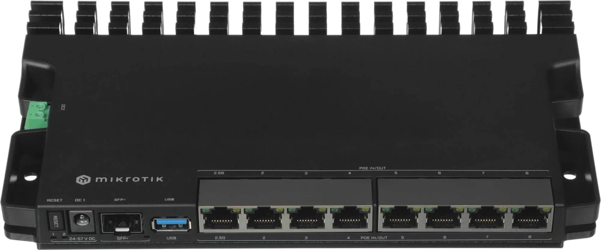 Маршрутизатор MikroTik RB5009UPr+S+IN, CPU ARM64 4 ядра 350-1400 МГц, 1 ГБ RAM, 7x1 Гбит RJ45, 1x2,5 Гбит RJ45, PoE out на портах 1–7