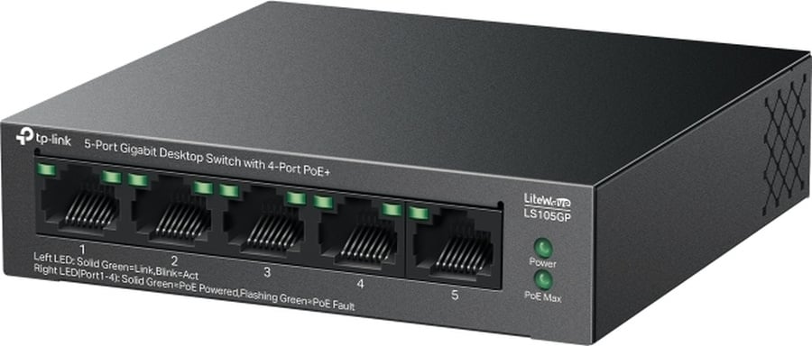 Коммутатор TP-Link LS105GP, 5×1GbE, 4×PoE+ 65 Вт, настольный