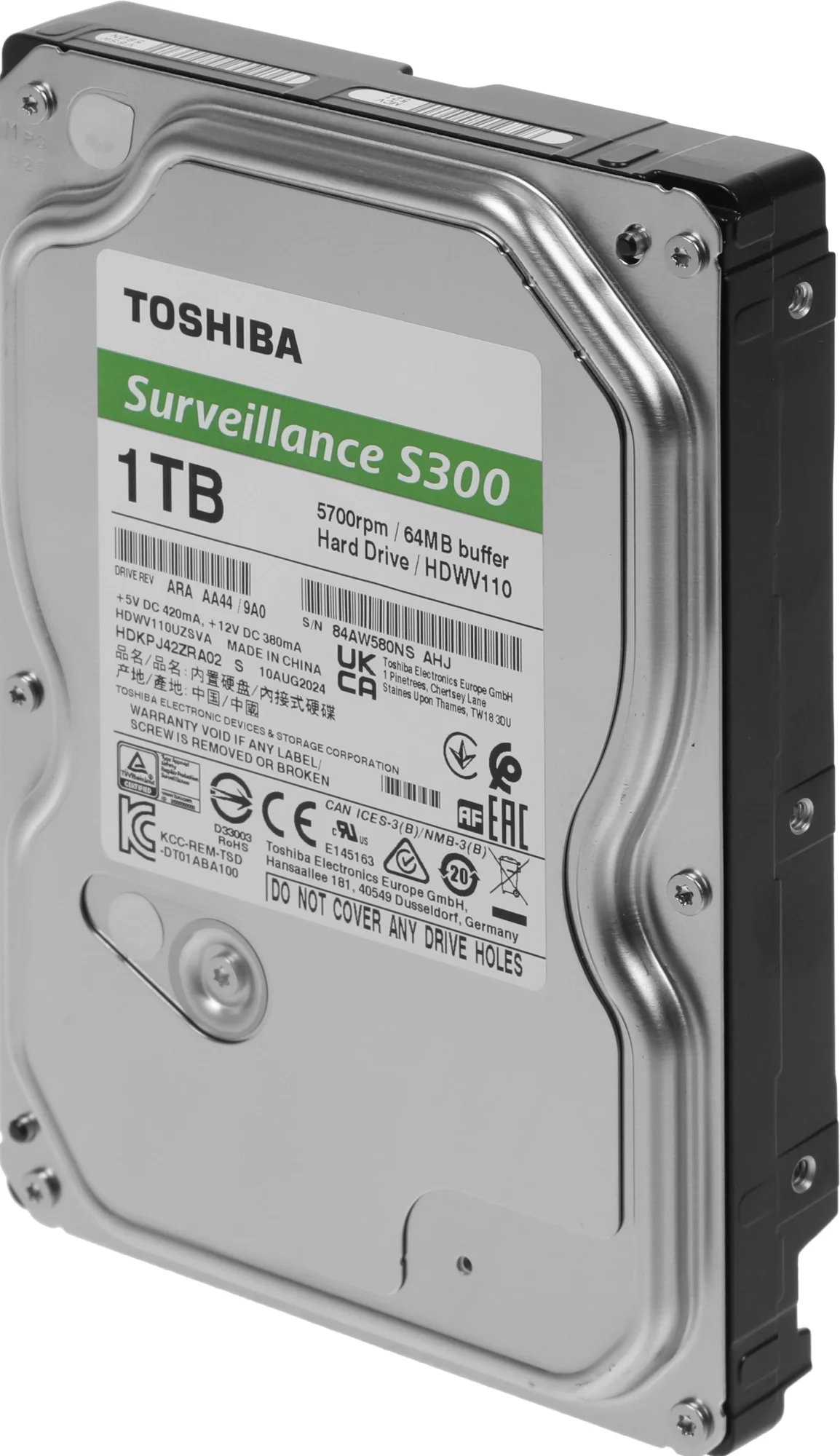 Жесткий диск/ HDD Toshiba SATA3 1Tb Surveillance S300 (CMR)  5700  64Mb 1 year warranty (replacement WD10EZRZ, ST1000DM003, ST1000VX005, ST1000VX001)