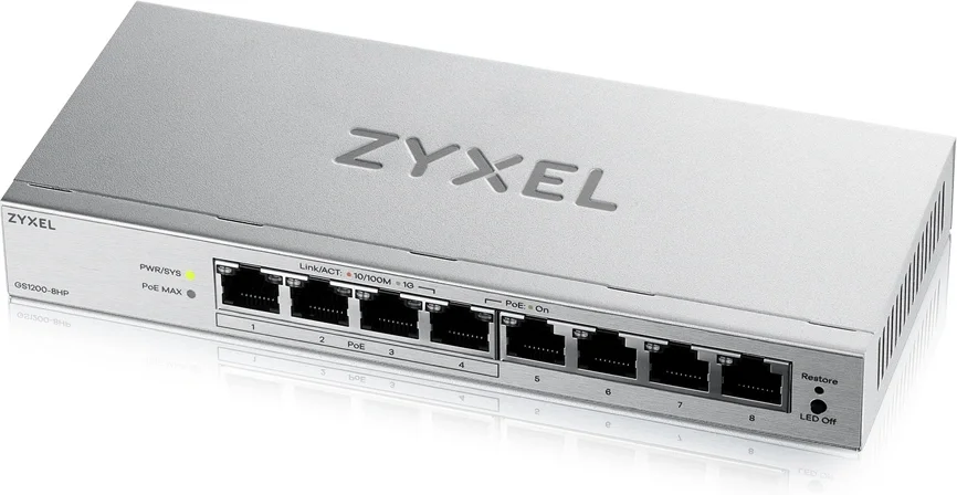 Коммутатор/ ZYXEL Web-managed Gigabit PoE Switch Zyxel GS1200-8HPv3, 8xRJ-45: 1G (4xPoE+), 68W PoE budget, desktop, fanless