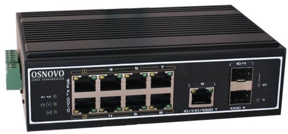 Промышленный PoE коммутатор Gigabit Ethernet OSNOVO SW-60812/I Промышленный PoE коммутатор на 11 портов. Порты: 6 x FE (10/100Base-T) с PoE (до 30W) + 2 x FE (10/100Base-T) с PoE (до 60W) + 1 x GE (10/100/1000Base-T) + 2 x GE SFP (1000Base-X). В