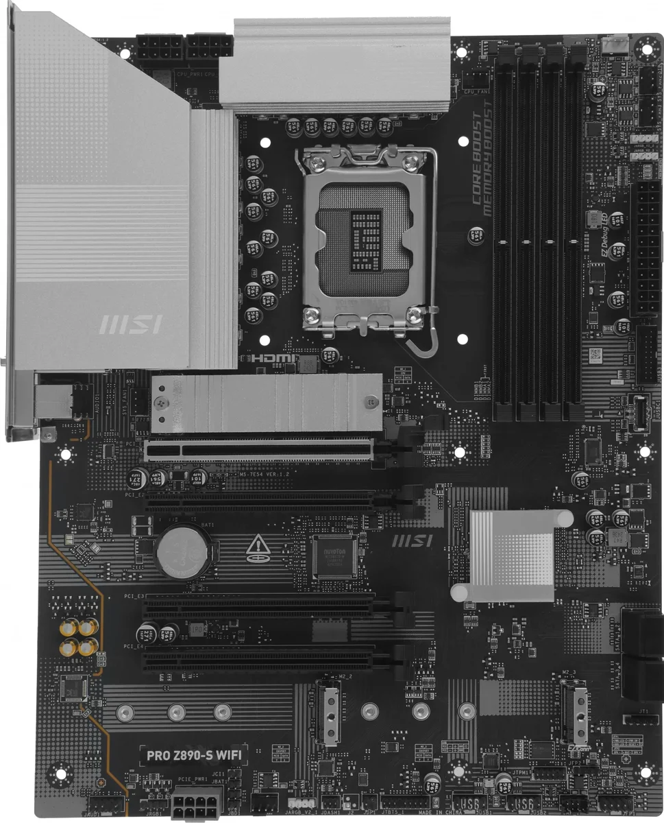 Материнская плата MSI PRO Z890-S WIFI, LGA 1851, Intel Z890, 4xDDR5, 4xSATA, 3xM.2, 1xPCIe 5.0 x16, 2xPCIe 4.0 x4, 1xHDMI, 1xDP, 1xUSB-C Thunderbolt 4, 1xUSB-C 3.2 Gen 2x2, 1x 2.5Gb LAN, 6xUSB-A 3.2 Gen 1, 3x3.5 мм, 7.1, ATX