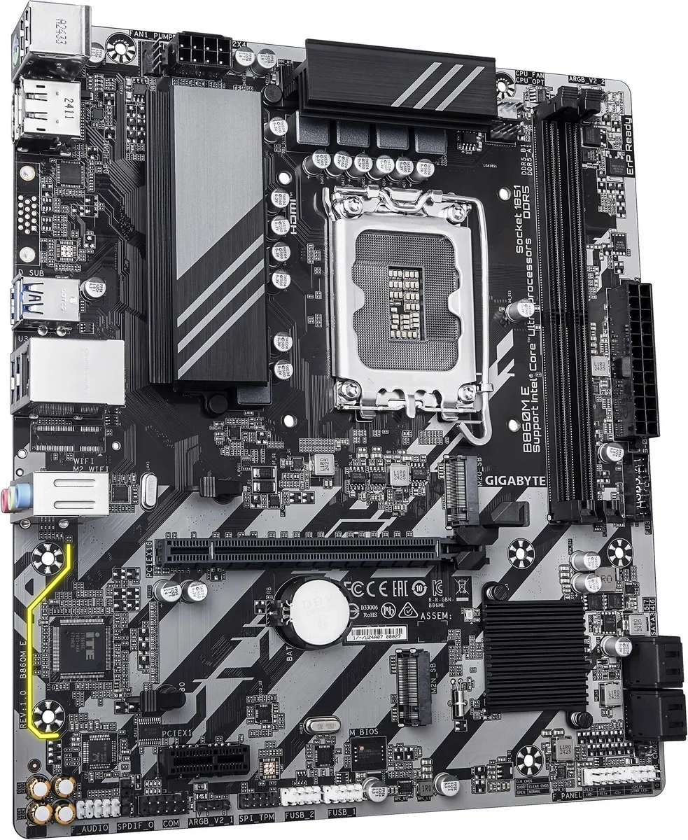 Материнская плата Gigabyte B860M-E, LGA 1851, Intel B860, 2xDDR5, 4xSATA, 2xM.2, 1xPCIe 4.0 x16, 1xPCIe x1, 1xHDMI, 1xDP, 1x1Gb LAN, 4xUSB-A 5Gbps, 2xUSB-A 2.0, 1xPS/2, 3x3.5 мм, 7.1, mATX
