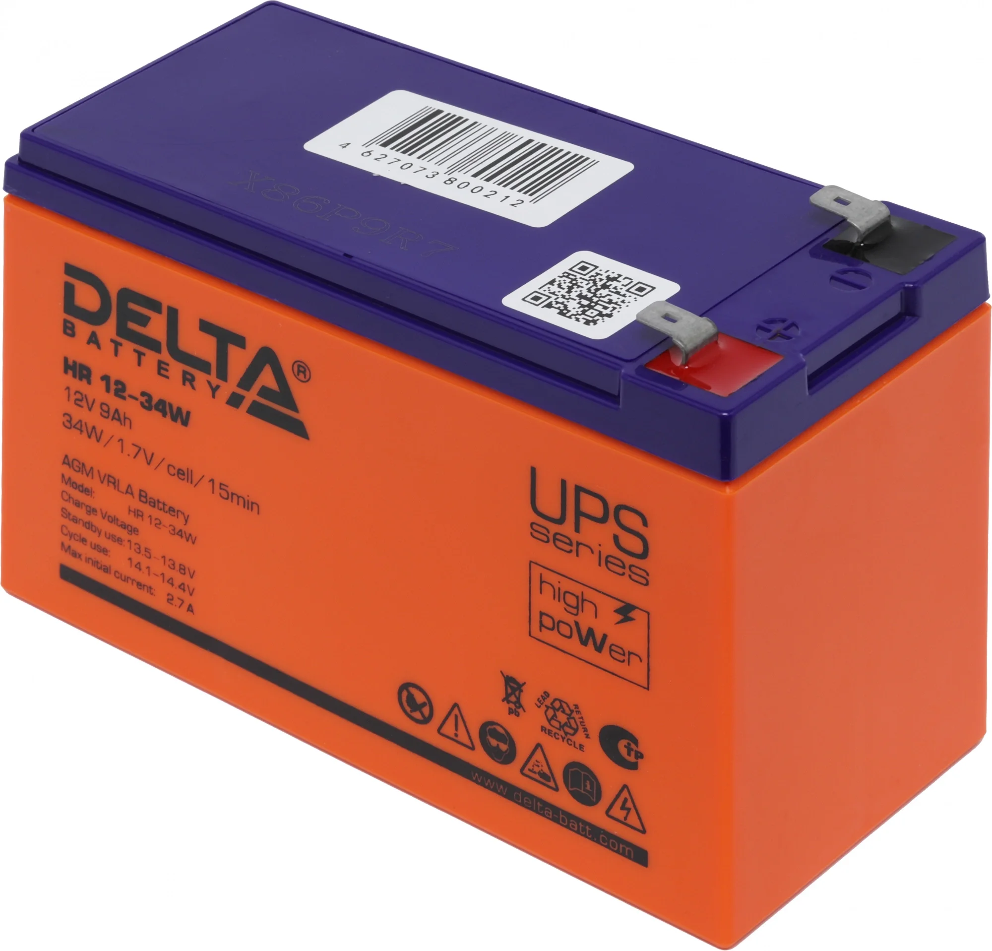 Батарея DELTA серия HR-W, HR 12-34 W, напряжение 12В, емкость 9Ач (разряд 20 часов),  макс. ток разряда (5 сек.) 160А, макс. ток заряда 2.7А, свинцово-кислотная типа AGM, клеммы F2, ДxШxВ 151х65х94мм., вес 2.62кг., срок службы 8 лет./ Battery DELTA series HR-W, HR 12-34 W, voltage 12V, capacity 9Ah (discharge 20 hours), max. discharge current (5 sec.) 160A, max. charge current 2.7A, lead-acid type AGM, terminals F2, LxWxH 151x65x94mm., weight 2.62kg., service life 8 years.