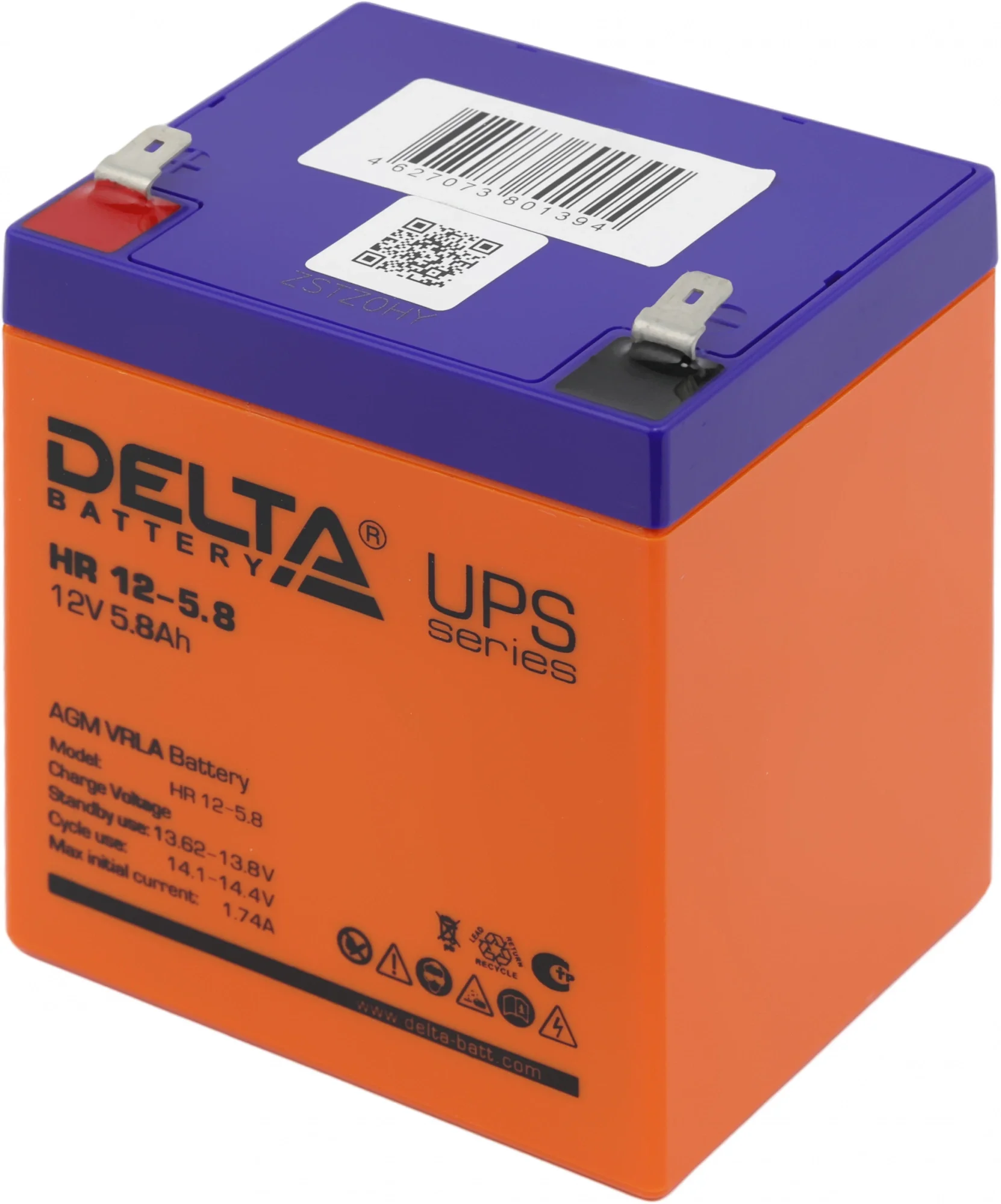 Батарея DELTA серия HR, HR 12-5,8, напряжение 12В, емкость 5.8Ач (разряд 20 часов),  макс. ток разряда (5 сек.) 75А, макс. ток заряда 1.74А, свинцово-кислотная типа AGM, клеммы F2, ДxШxВ 90х70х101мм., вес 1.95кг., срок службы 8 лет./ Battery DELTA series HR, HR 12-5.8, voltage 12V, capacity 5.8Ah (discharge 20 hours), max. discharge current (5 sec.) 75A, max. charge current 1.74A, lead-acid type AGM, terminals F2, LxWxH 90x70x101mm., weight 1.95kg., service life 8 years.