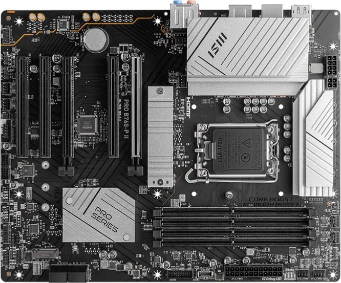 Материнская плата MSI PRO B760-P II, LGA 1700, Intel B760, 4xDDR5, 4xSATA, 2xM.2, 1xPCI-E 4.0 x16, 1xPCI-E 4.0 x4, 3xPCI-E 3.0 x1, 1xHDMI, 1xDP, 1xRJ45 2.5Gb, 1xUSB-C 3.2 Gen 2, 2xUSB-A 3.2 Gen 1, 2xUSB-A 2.0, 5x3.5мм, TOSLINK, 7.1, Standard-ATX