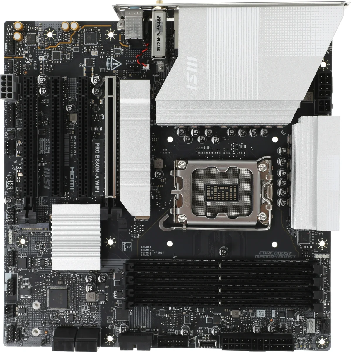 Материнская плата MSI PRO B860M-A WIFI, LGA 1851, Intel B860, 4xDDR5, 4xSATA, 3xM.2, 1xPCIe 5.0 x16, 1xPCIe 4.0 x16, 1xPCIe 4.0 x16, 1xHDMI, 1xDP, 1xUSB-C, 1x 5Gb LAN, 4xUSB-A 3.2 Gen 2, 2xUSB-A 2.0, 7.1, 1x3.5 мм, 1xUSB 3.2 Gen 2 Type-C, Wi-Fi 6, mATX