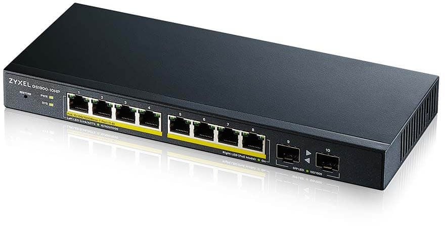 GS1900-10HP-EU0102F - Smart L2 Gigabit PoE Switch Zyxel GS1900-10HP, 8xRJ-45: 1G PoE+, 2xSFP, 77W PoE budget, desktop, fanless все наши цены всегда включают НДС