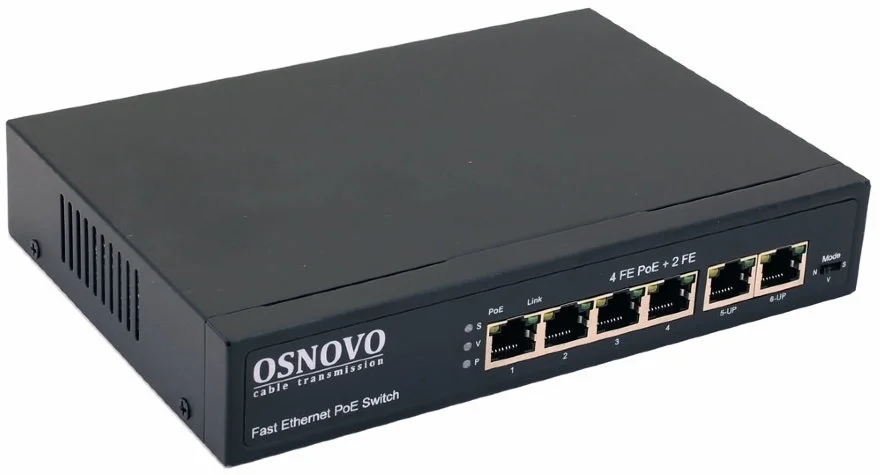 Коммутатор Osnovo PoE, Fast Ethernet на 6 RJ45 портов. Порты: 4 х FE (10/100 Base-T) с поддержкой PoE (IEEE 802.3af/at), 2 x FE (10/100 Base-T) Uplink. Соответствует стандартам PoE IEEE 802.3af/at. Автоматическое определение и режим антизависания PoE устройств. Мощность PoE на порт - до 30W. Суммарная мощность PoE -  до 80W. Поддержка режима CCTV: Увеличение расстояния передачи данных и питания до 250м, изоляция портов (VLAN). Встроенная грозозащита 3кВ. Питание: AC100-240V (83W) Встроенный БП. Размеры (ШхВхГ): 190 x 35 x 130мм. Рабочая температура: -10...+55 гр. С.