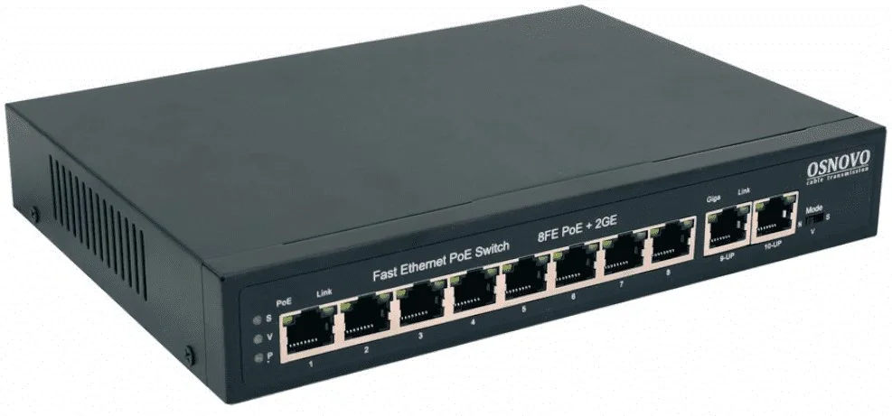 PoE Коммутатор OSNOVO SW-20820(120W) PoE коммутатор Fast Ethernet на 10 RJ45 портов. Порты: 1 x FE (10/100Base-T) с PoE (до 60W, A+B) + 7 x FE (10/100Base-T) с PoE (до 30W), 2 x GE (10/100/1000 Base-T). Соответствуе
