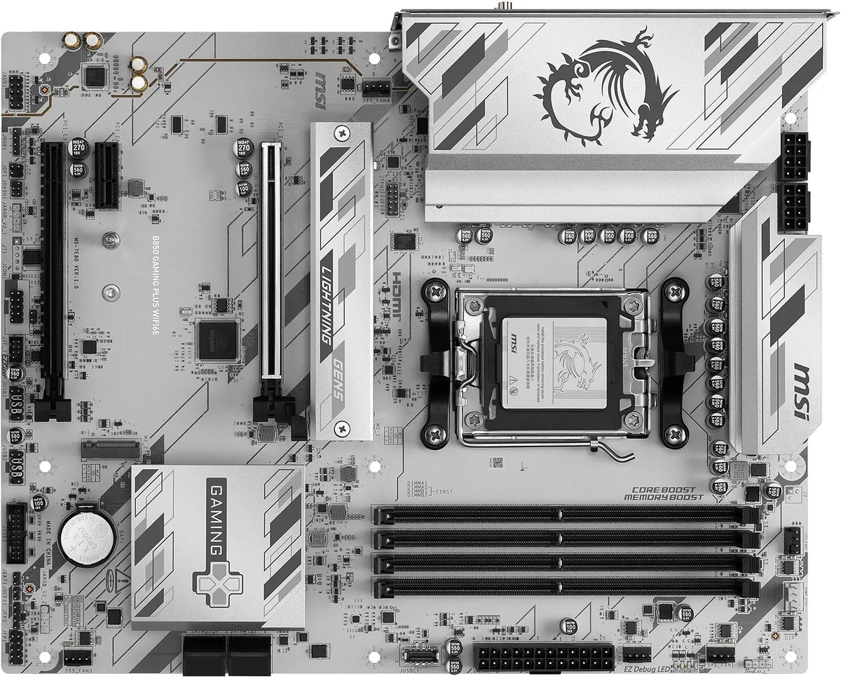 Материнская плата MSI B850 GAMING PLUS WIFI6E, AM5, AMD B850, 4xDDR5, 4xSATA, 2xM.2, 1xPCIe 4.0 x16, 1xPCIe 4.0 x4, 1xPCIe 3.0 x1, 1xDP, 1xHDMI, 1x2.5Gb LAN, Wi-Fi 6E, Bluetooth 5.3, 1xUSB-C 10Gbps, 3xUSB-A 10Gbps, 4xUSB-A 5Gbps, 2x3.5 мм, 7.1, ATX