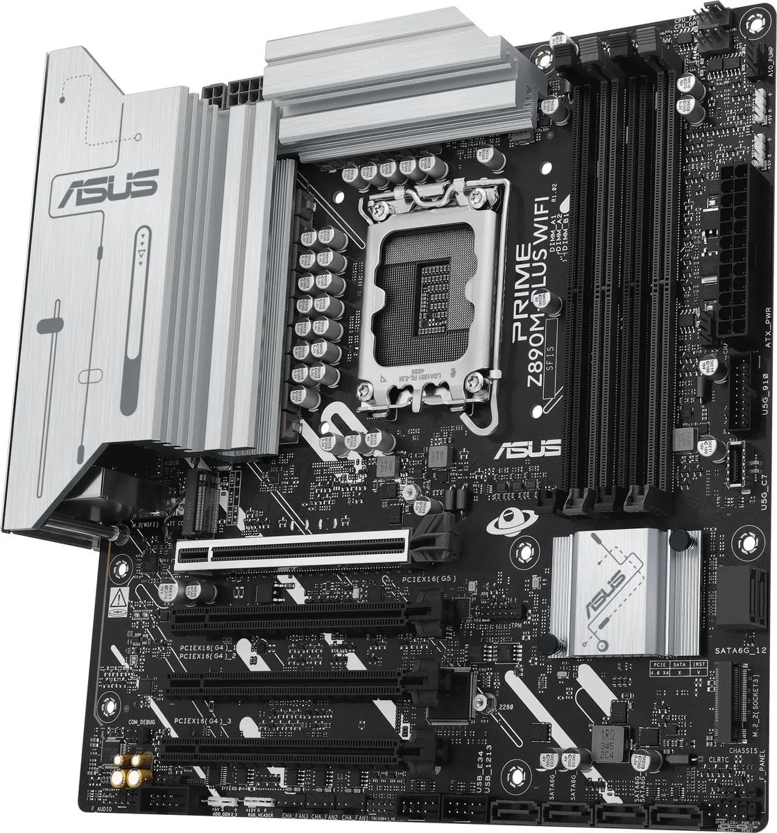 ASUS PRIME Z890M-PLUS WIFI (Socket 1851, mATX, 4xDDR5(192GB), DP/HDMI, 1xPCIe 5.0x16/3xPCIe 4.0x16/1xLAN (2.5GbE), Wi-Fi, BT, 6xSATA 6Gb/s, 3xM.2, 1xType-C, 7xUSB 3.2)