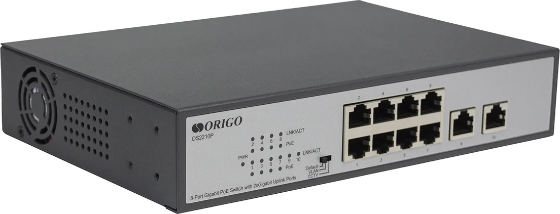 Коммутатор ORIGO Неуправляемый PoE-коммутатор, 8x1000Base-T PoE, 2x1000Base-T, PoE-бюджет 120 Вт, PoE до 250 м, комплект для установки в 19" стойку