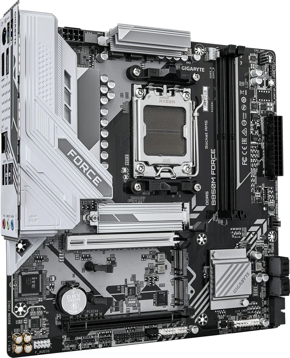 Материнская плата Gigabyte B850M FORCE, AM5, AMD B850, 2xDDR5, 4xSATA, 3xM.2, 1xPCIe 5.0 x16, 1xPCIe 4.0 x4, 1xHDMI, 1xDP, 1x2.5Gb LAN, 1xUSB-C 5Gbps, 1xUSB-A 10Gbps, 2xUSB-A 5Gbps, 2xUSB-A 2.0, 3x3.5 мм, 7.1, mATX