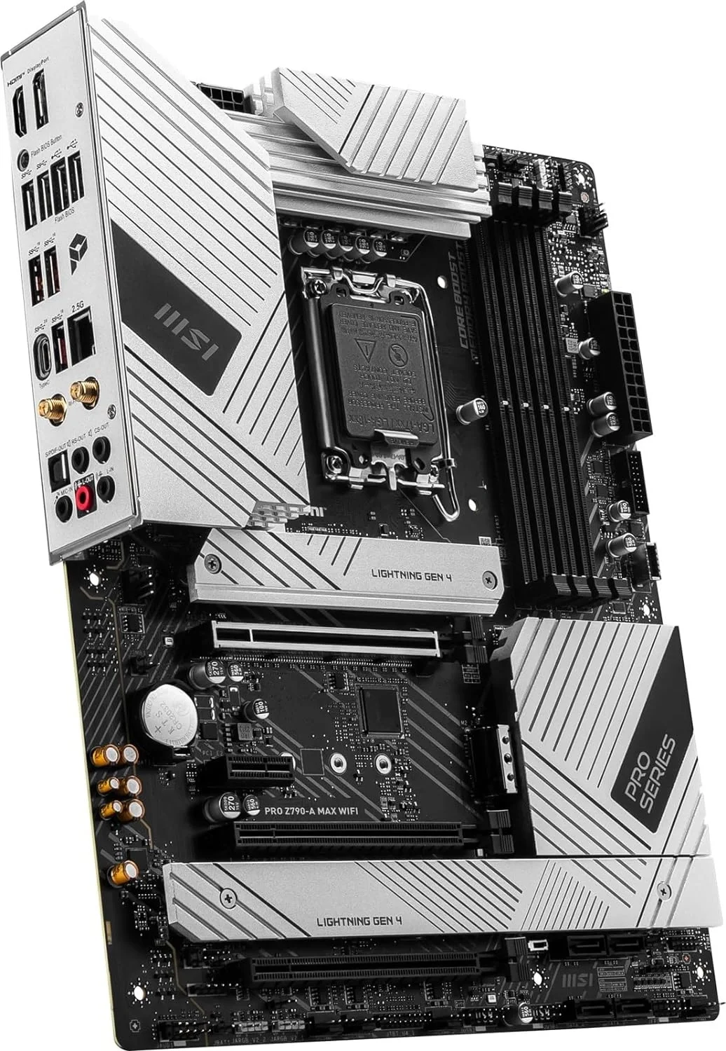 Материнская плата MSI PRO Z790-A MAX WIFI, LGA 1700, Intel Z790, 4xDDR5, 6xSATA, 4xM.2, 1xPCI-E 5.0 x16, 1xPCI-E 4.0 x16, 1xPCI-E 3.0 x16, 1xPCI-E x1, 1xHDMI, 1xDP, 1x2.5Gb LAN, 2xUSB-A 2.0, 2xUSB-A 3.2 Gen 1, 3xUSB-A 3.2 Gen 2, 1xUSB-C 3.2 Gen 2x2, 5x3.5мм, TOSLINK, 7.1, ATX